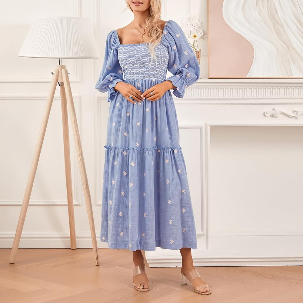 Achlibe Women Bohemian Floral Dress Long Sleeve Square Neck Ruffle Swing Dress Flowy a Line Maxi ... | Amazon (UK)