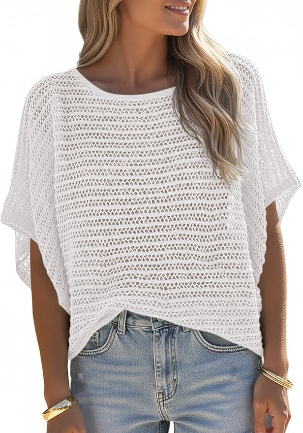 Saodimallsu Womens Crochet Tops Summer Batwing Short Sleeve Oversized Sweater Boat Neck Mesh Knit... | Amazon (US)