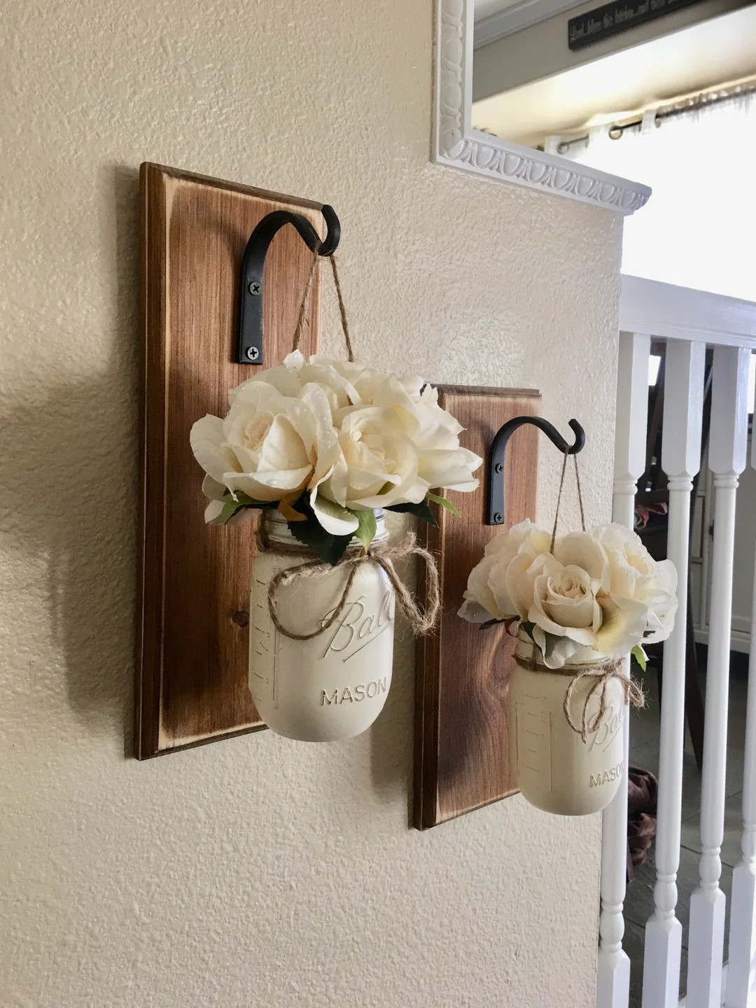 Set of Two Mason Jar Sconces With Greeney, Farmhouse Decor, Rustic Decor, Hanging Mason Jar Sconc... | Etsy (US)