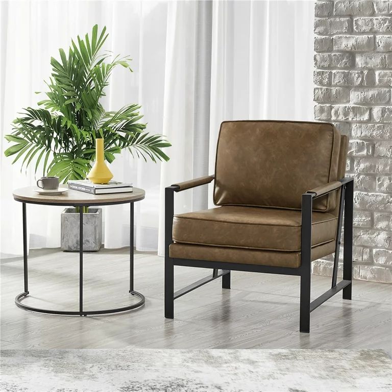 Alden Design Faux Leather Modern Accent Chair with Metal Frame, Brown | Walmart (US)