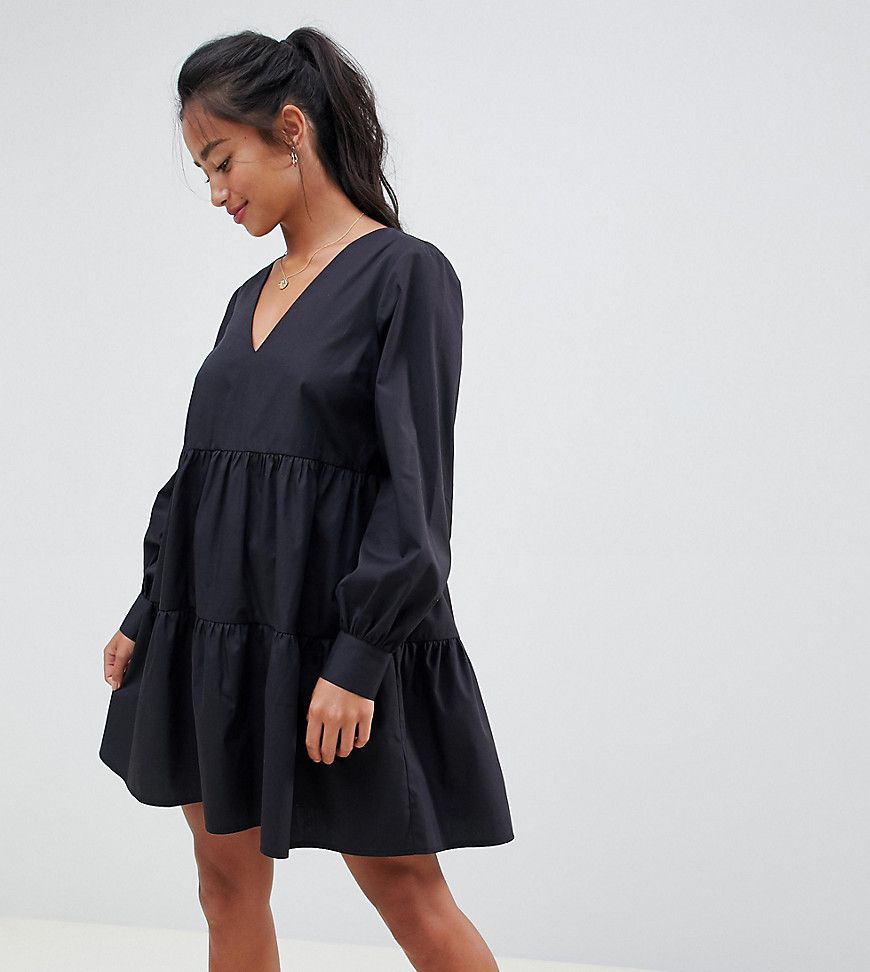 ASOS DESIGN Petite tiered cotton smock mini dress with long sleeves - Black | ASOS US