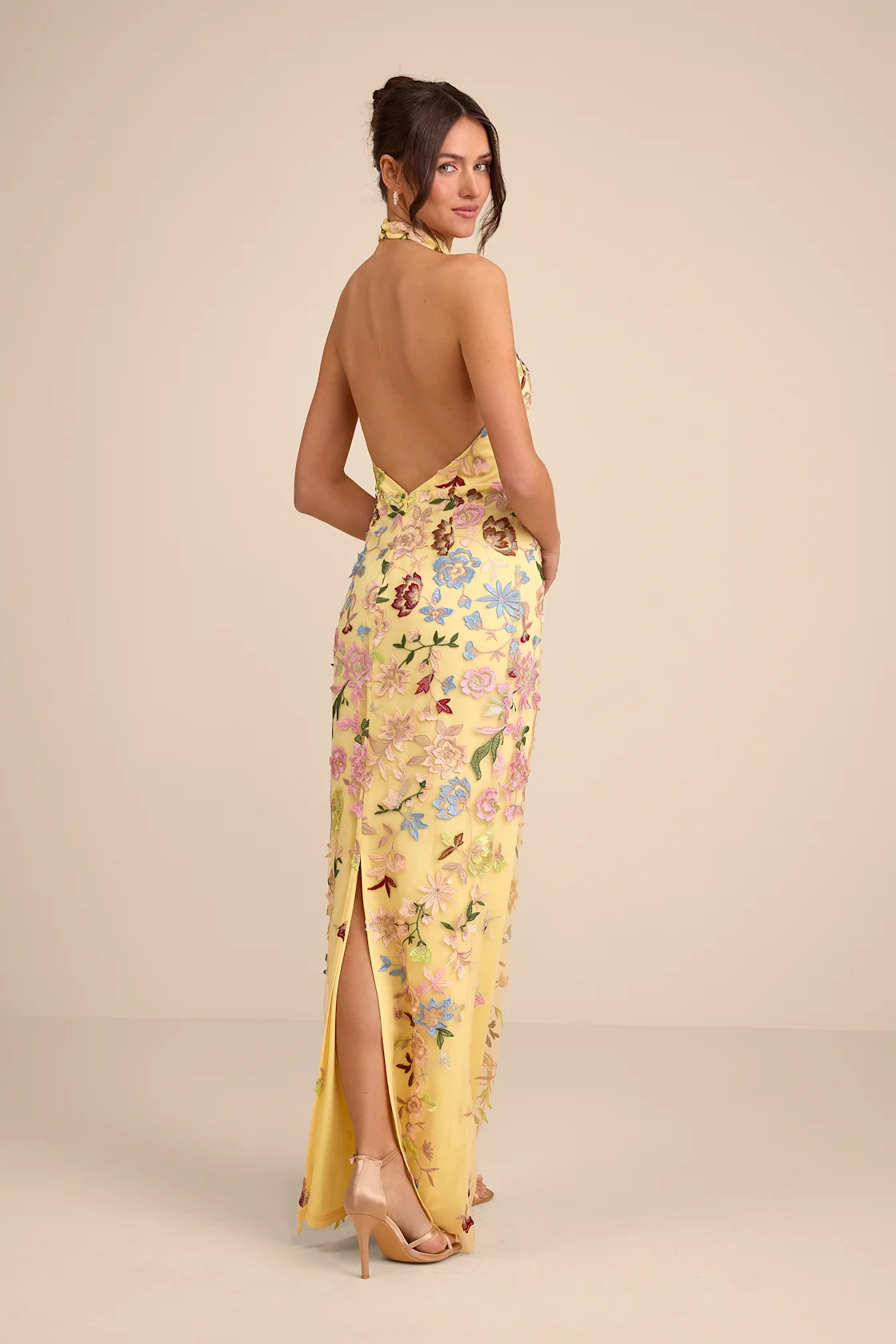 Infinite Praise Yellow 3D Floral Embroidered Halter Maxi Dress | Lulus