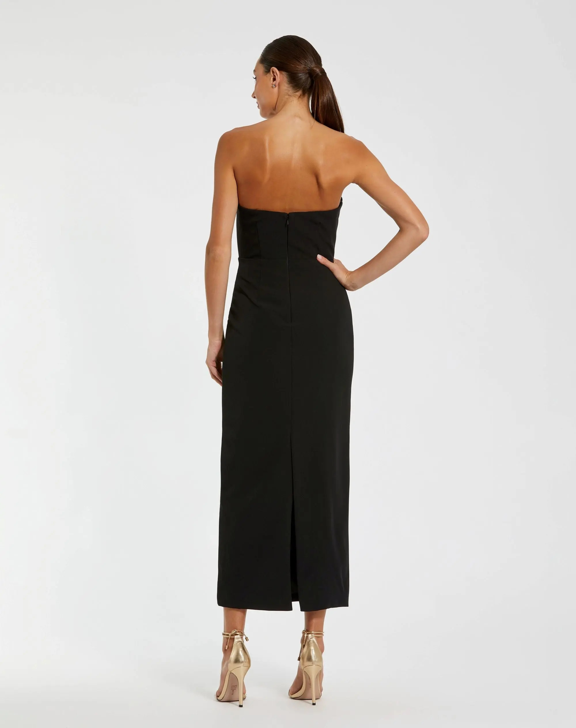 Black Strapless Crepe Dress With 3D Satin Flowers | Mac Duggal | Mac Duggal