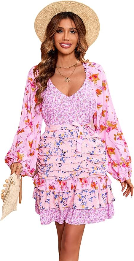 R.Vivimos Women's Summer Long Sleeve Boho Dress V Neck Floral Print Layered Ruffle Patchwork Casu... | Amazon (US)