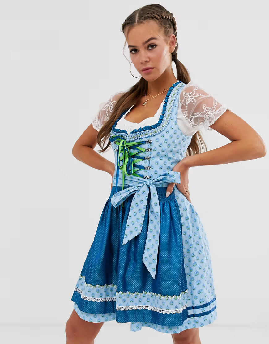 Stockerpoint ornamental printed dirndl with apron and embellishment skirt-Blue | ASOS (Global)