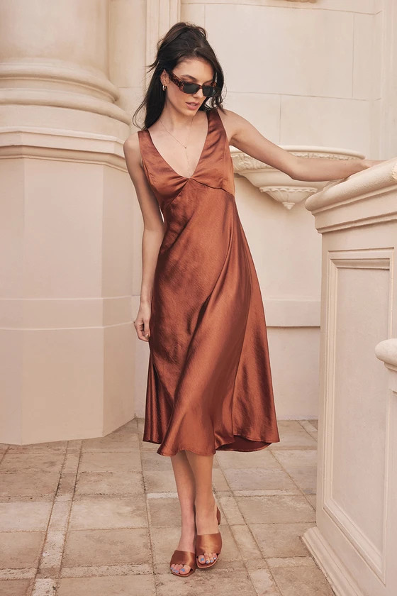 Incredible Love Brown Satin Cowl Back Midi Slip Dress | Lulus (US)
