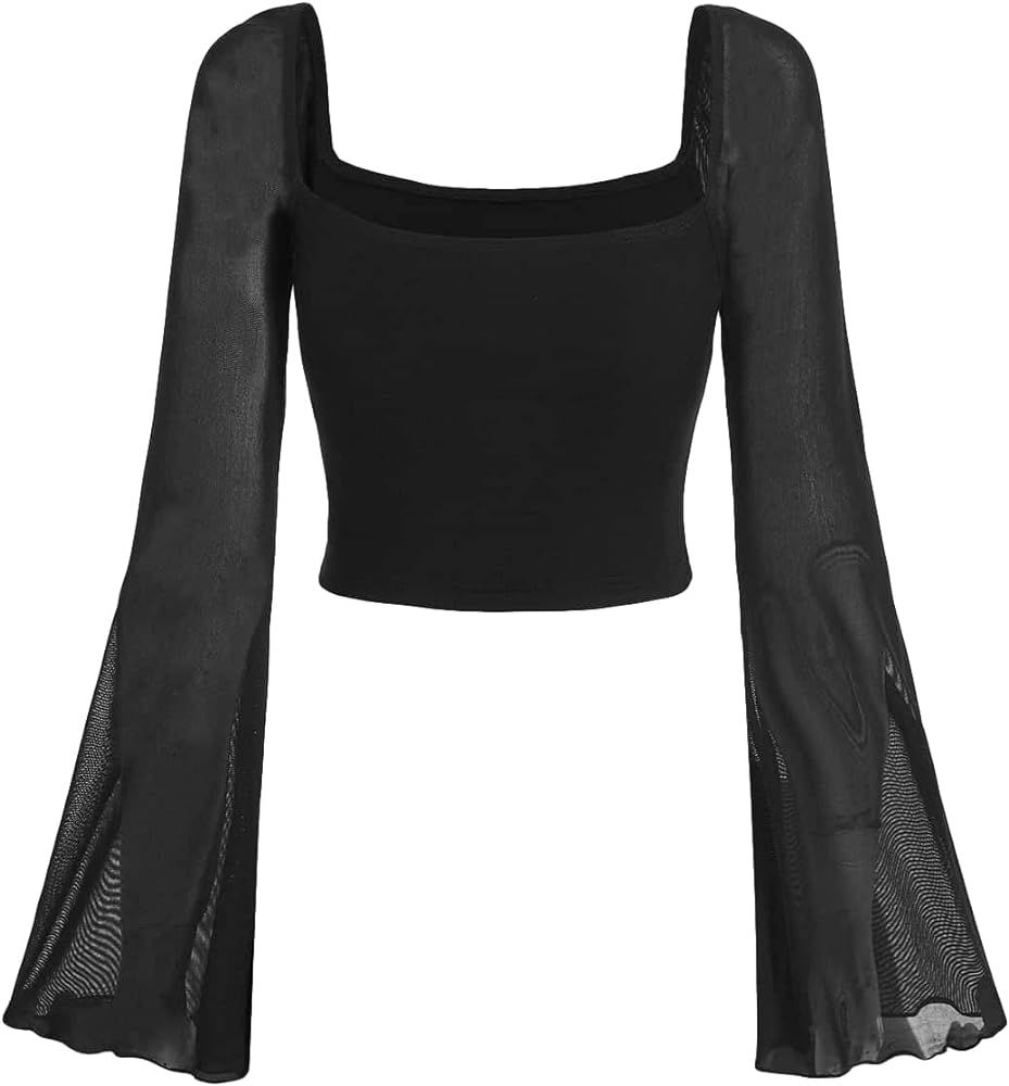 Verdusa Women's Long Sleeve Square Neck Contrast Mesh Sheer Flounce Sleeve Crop Top | Amazon (US)