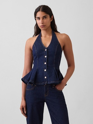 Denim Fitted Halter Peplum Top | Gap (US)