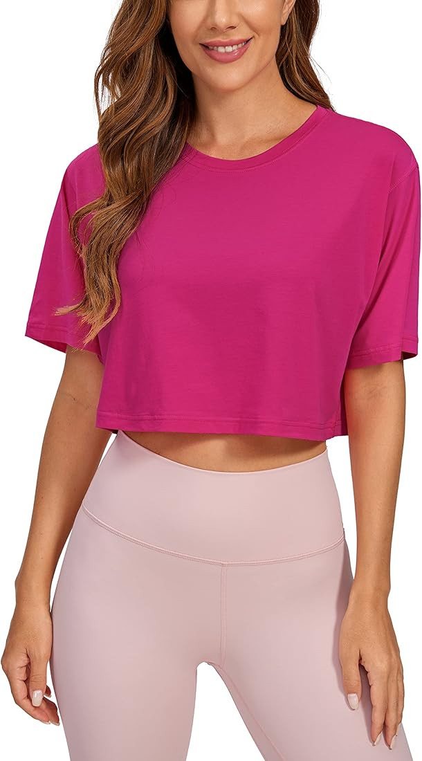 CRZ YOGA Women's Pima Cotton Workout Crop Tops Short Sleeve Yoga Shirts Casual Athletic Running T... | Amazon (US)