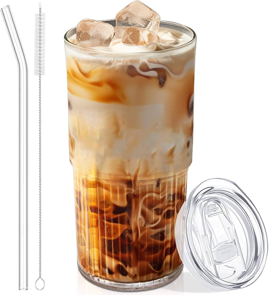 18.5oz Glass Cups with Lids and Straws – Single Reusable Tumbler, Thickened Shatter-Resistant G... | Amazon (US)