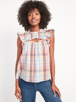 Flutter-Sleeve Plaid Smocked Cutout Swing Blouse for Women | Old Navy (US)
