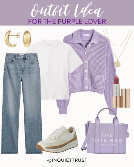 Show off your love for purple with this outfit - denim pants, a white top, a purple cardigan, neutral-colored sneakers, and a purple tote bag. Complete your look with gold jewelry and a pink lippie!
#modestlook #casualstyle #comfyclothes #fashionfinds

#LTKshoecrush #LTKSeasonal #LTKstyletip