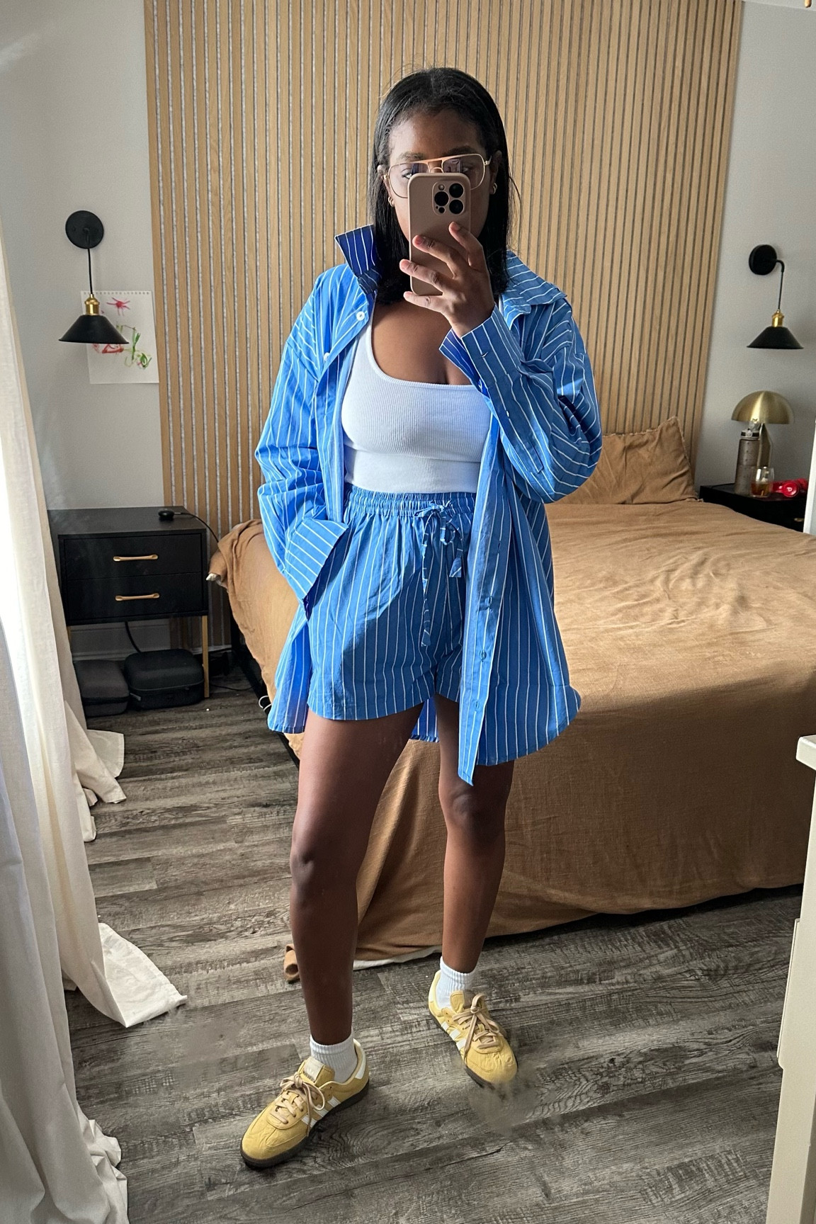 Blue blouse and short set with yellow adidas samba sneaked 

#LTKStyleTip