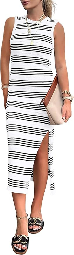 PRETTYGARDEN Women's Summer Bodycon Sundresses Casual Midi Sleeveless Hollow Out Knit Side Slit S... | Amazon (US)