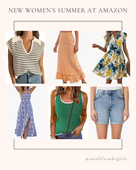 New women’s summer attire at Amazon. Wedding guest dress. Summer dress. Shorts. Travel outfit. Boho Buffalo plaid orange and white high waisted ruffle hem maxi skirt. Floral print flutter sleeve notched Vneck swing a-line dress. Summer Vneck sweater vest. Black and cream sleeveless collared tank top. Green with white edge ribbed knit tank top. Blue and white patterned tie straps smocked maxi dress. 7 inch double roll cuff denim shorts  

#LTKSeasonal #LTKFindsUnder50 #LTKOver40