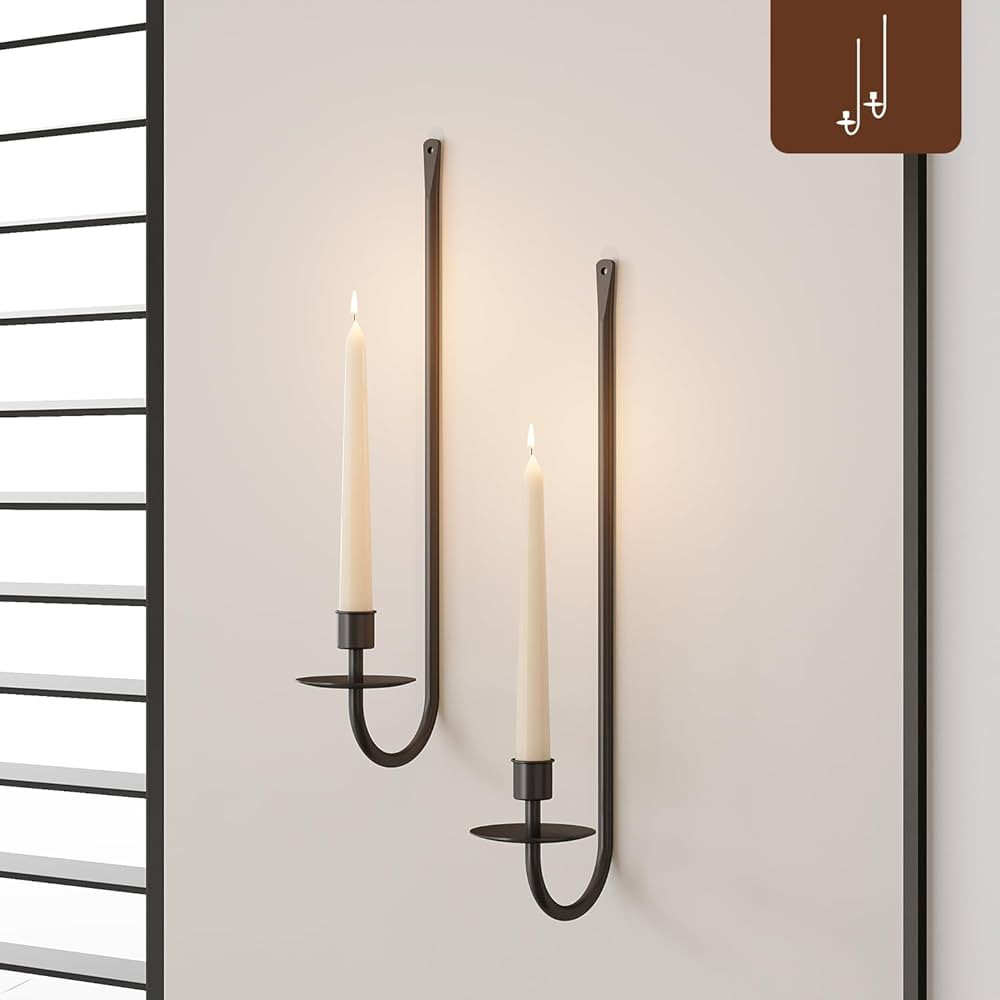 Metal Wall Candle Sconce Holder Set of 2 Wall Mount Candle Holder Pillar Holder Black Modern Wall... | Amazon (US)