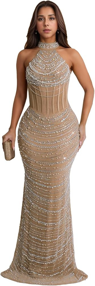 PORRCEY Women Sexy Elegant Rhinestone Mesh See Through Evening Dresses Party Club Night Clubwear | Amazon (US)
