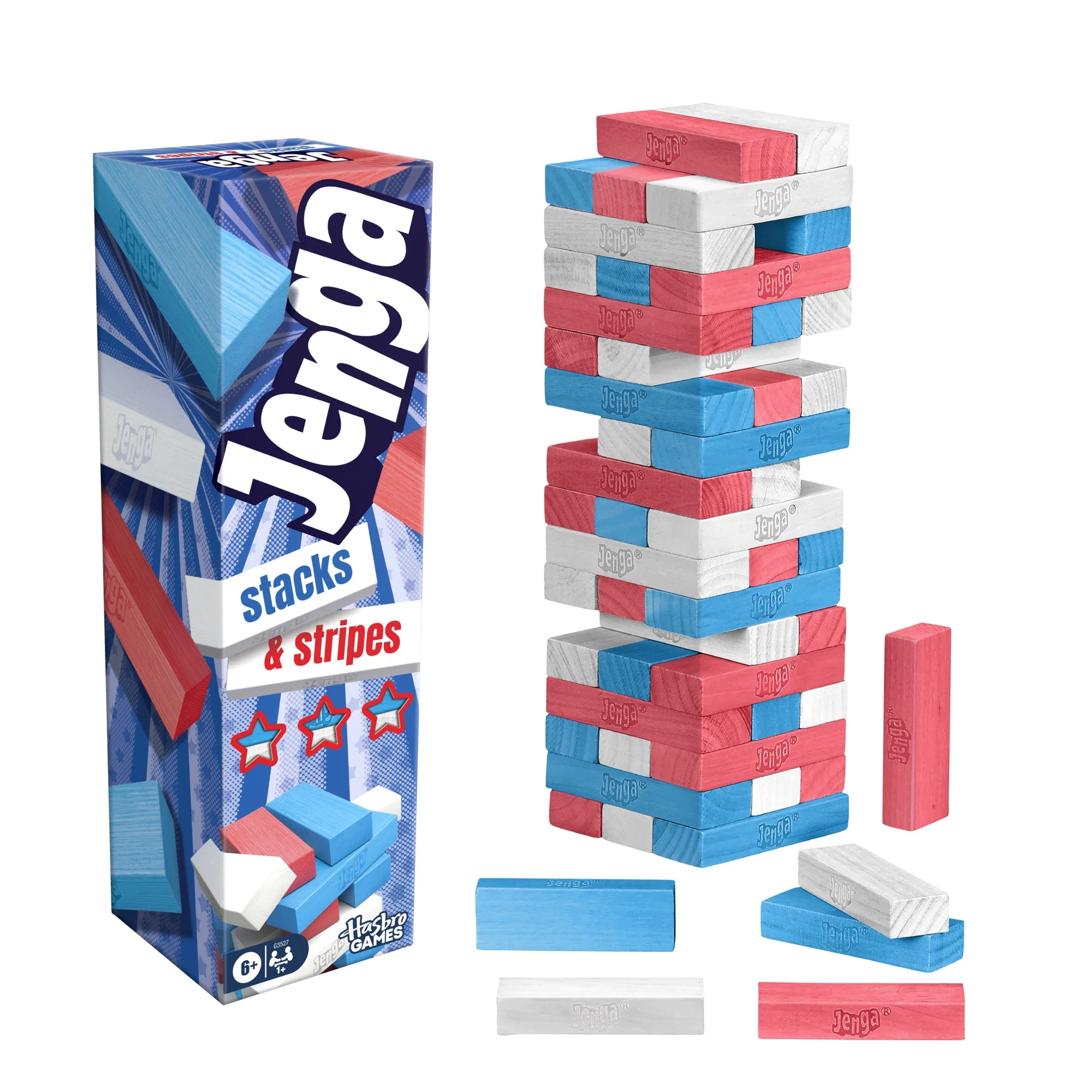 Hasbro Jenga Stacks and Stripes Party Game, Red, White, and Blue Wood Blocks, Boys & Girls, Ages ... | Walmart (US)