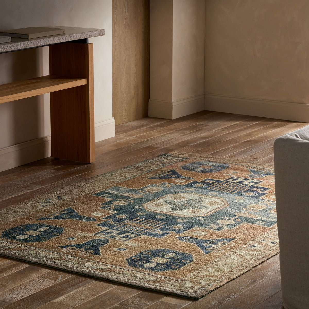 Amata Amorino Tan/Navy (AMT-01) Hand-Tufted Printed Area Rug | Rugs Direct