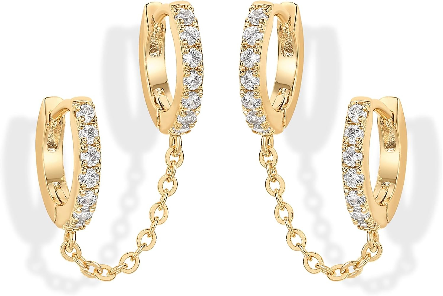 PAVOI 14K Gold Chain Earrings for Women | Double Piercing Dangle Chain Huggie Hoop Earrings | Cub... | Amazon (US)