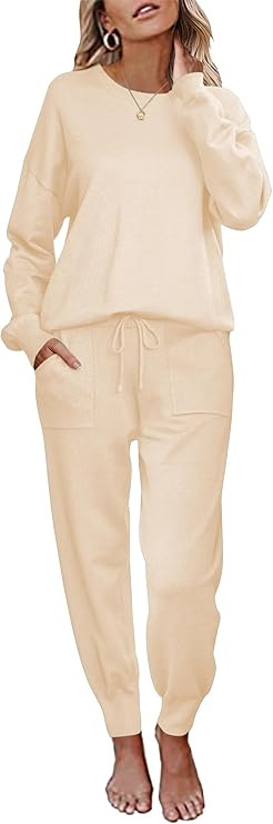 Ekouaer Women's 2 Piece Lounge Set Long Sleeve Knit Pajamas Sweatsuit Jogger Pant Outfits With Po... | Amazon (US)