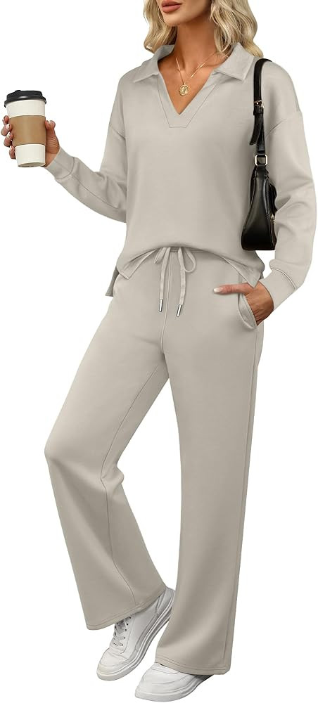 ANRABESS Women's 2 Piece Outfits Lounge Sets Casual Long Sleeve Sweatsuits Polo Top Wide Leg Pant... | Amazon (US)