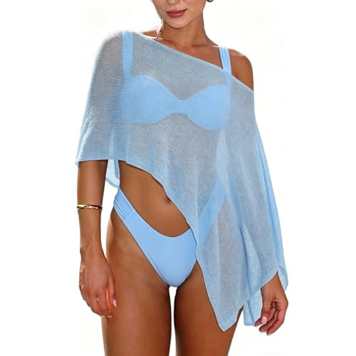 RUEWEY Womens Sheer Cover Ups Lightweight Crochet Knit Mesh Shrug Drop Shoulder Batwing Sleeve Boho Poncho Tops Beachwear (Blue, L) | Amazon (US)