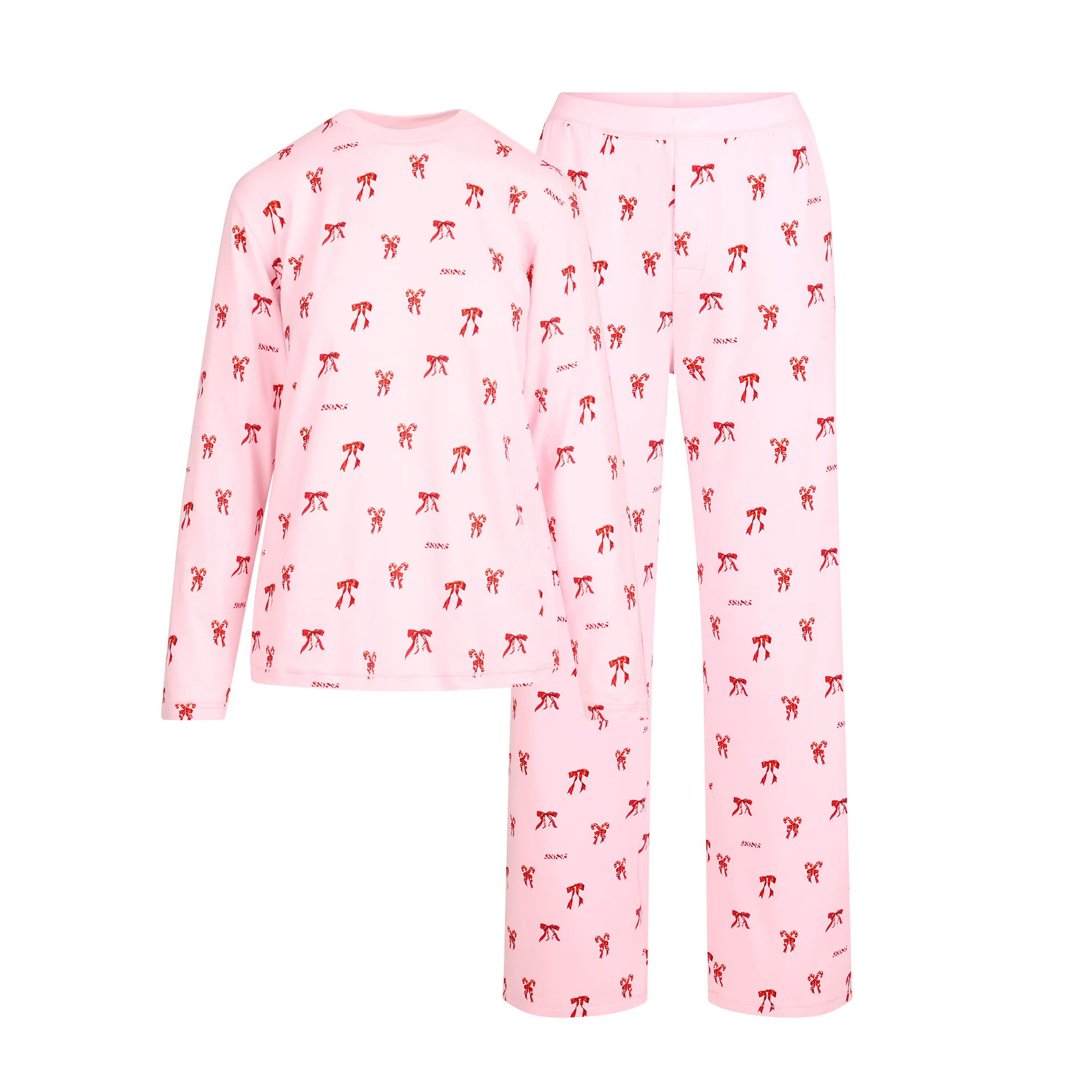 BOYFRIEND LONG SLEEVE T-SHIRT AND LOOSE PANT SET | CHERRY BLOSSOM CANDY BOW PRINT | SKIMS (US)
