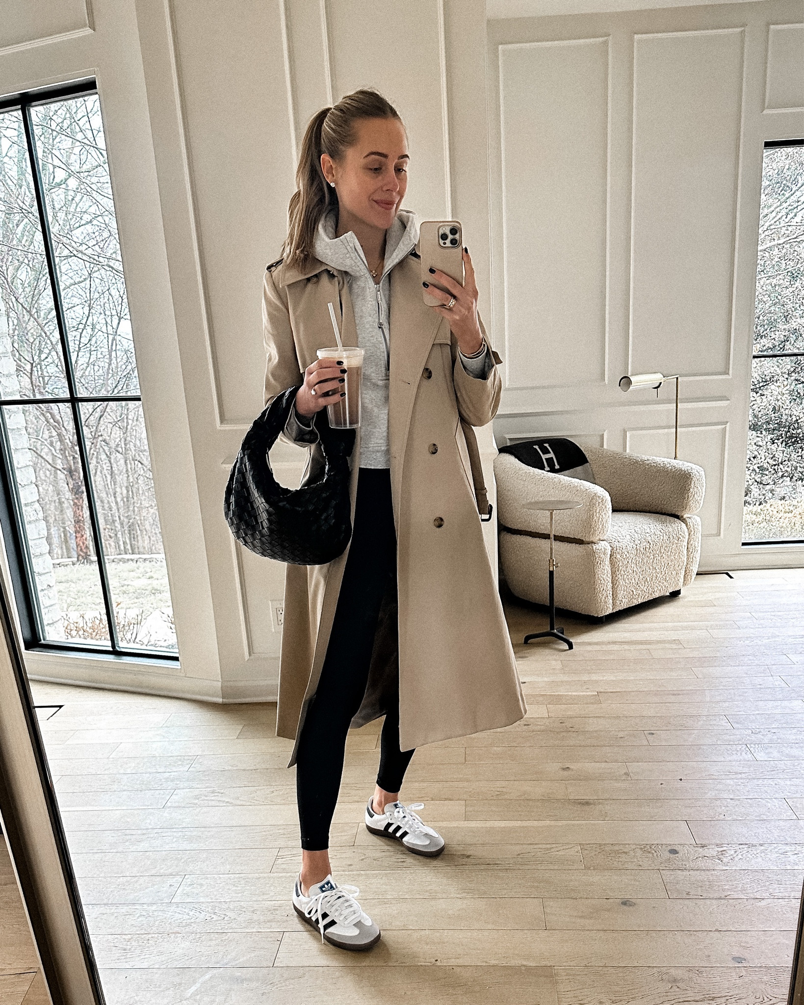 Fashion Jackson wearing long trench coat (small) lululemon grey hoodie sweatshirt, lululemon black leggings, adidas samba sneakers, bottega handbag #fashionjackson #sneakers #trench 

#LTKshoecrush #LTKunder100 #LTKstyletip