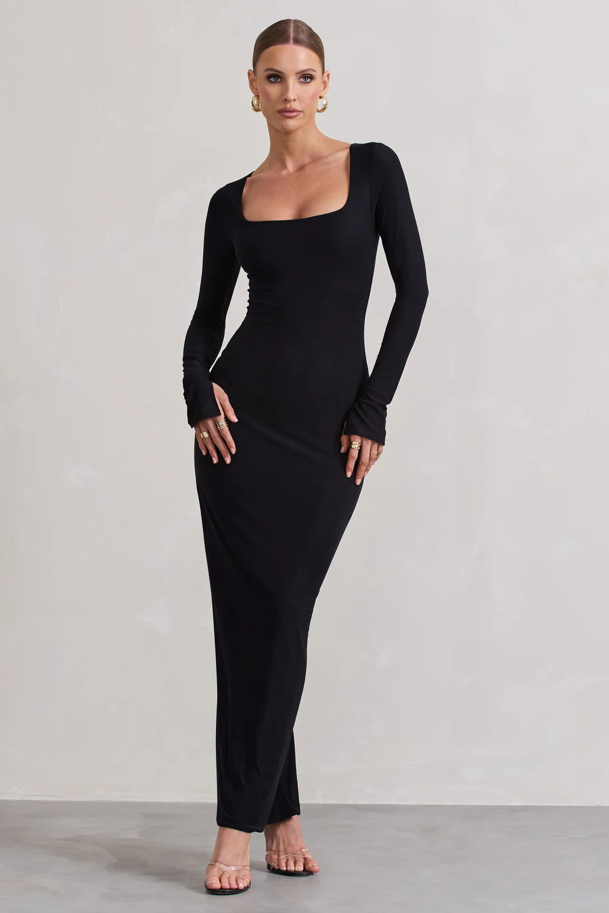 Viva | Black Square-Neck Long-Sleeve Maxi Dress | Club L London
