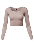 Basic Solid Stretchable Scoop Neck Long Sleeve Crop Top Mocha L | Amazon (US)