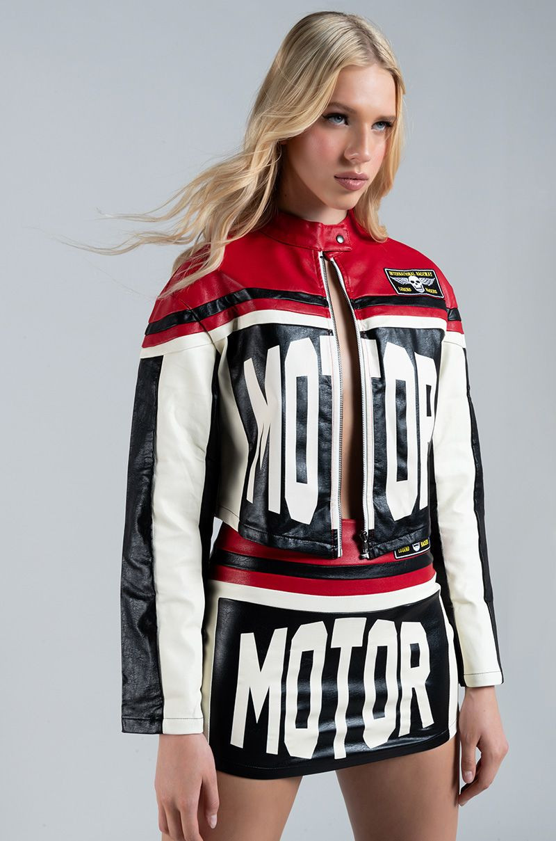 SPEED UP MOTOR FAUX LEATHER COLORBLOCK MOTO JACKET | AKIRA