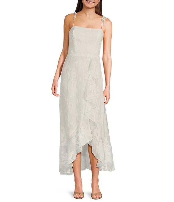 Floral Tie Strap Ruffle Side Slit Midi Dress | Dillard's