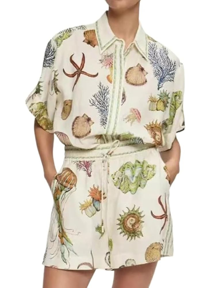 Women Boho Tropical Print Beach Cover Up Shorts Set 2 Piece Summer Lounge Outfit Lightweight Swim... | Amazon (US)