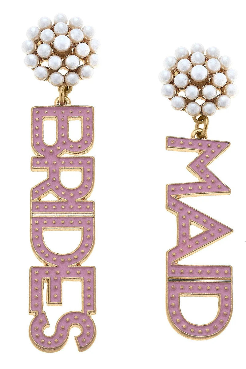 Bridesmaid Enamel & Pearl Cluster Drop Earrings in Pink | CANVAS