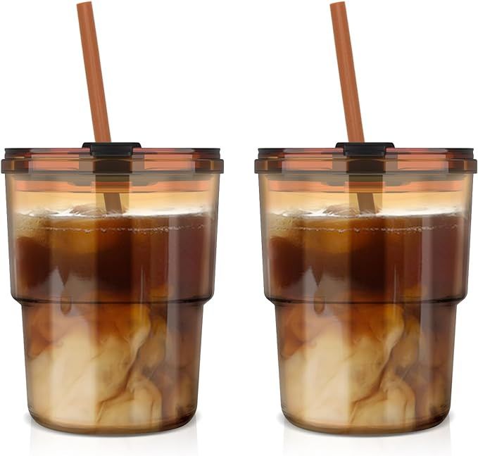 Luxfuel 13oz Tumbler Water Glass with Straw and Lid, 2 Pack Glass Coffee Cups, Sealed Carry-On Gl... | Amazon (US)