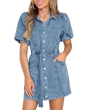 Fisoew Womens Denim Mini Dress Button Down Casual Belted Puff Short Sleeve Jean Dress with Pocket... | Amazon (US)