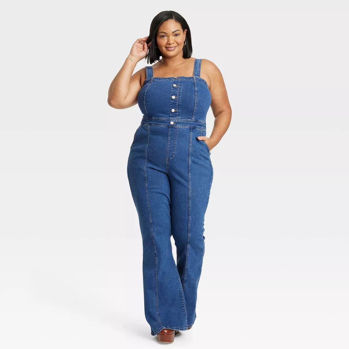 Women's Sleeveless Flare Leg Denim Jumpsuit - Ava & Viv™ | Target