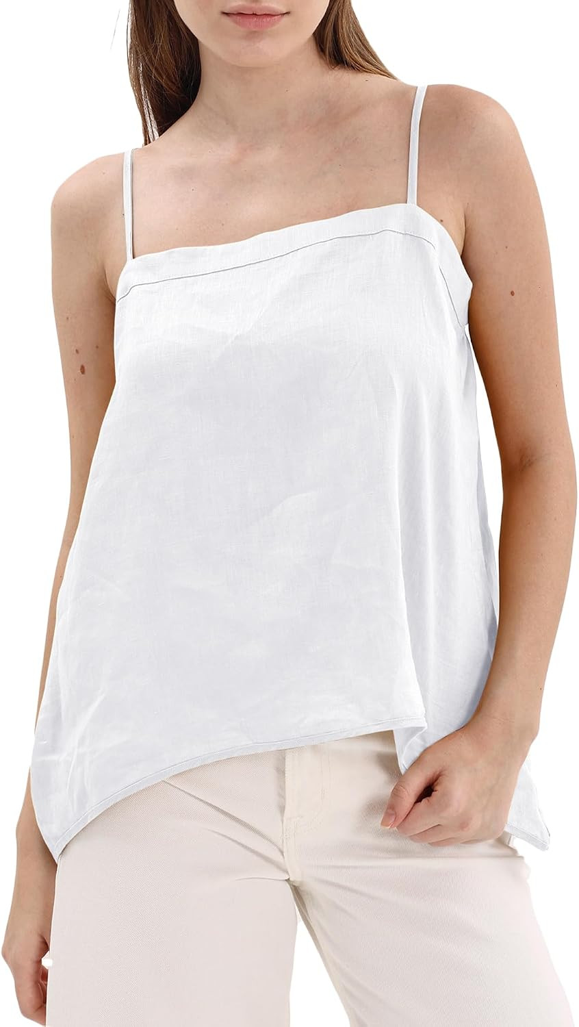 Women's 100% Linen Spaghetti Strap Tops Sleeveless Loose Fit Camisole | Amazon (US)