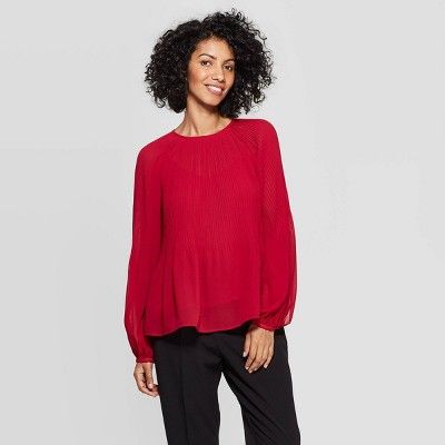 Women's Regular Fit Long Sleeve Crewneck Pleated Blouse - A New Day™ | Target
