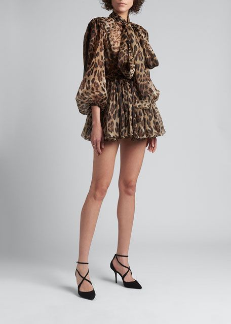 Dolce&Gabbana Leopard-Print Tie-Neck Silk Mini Dress | Bergdorf Goodman