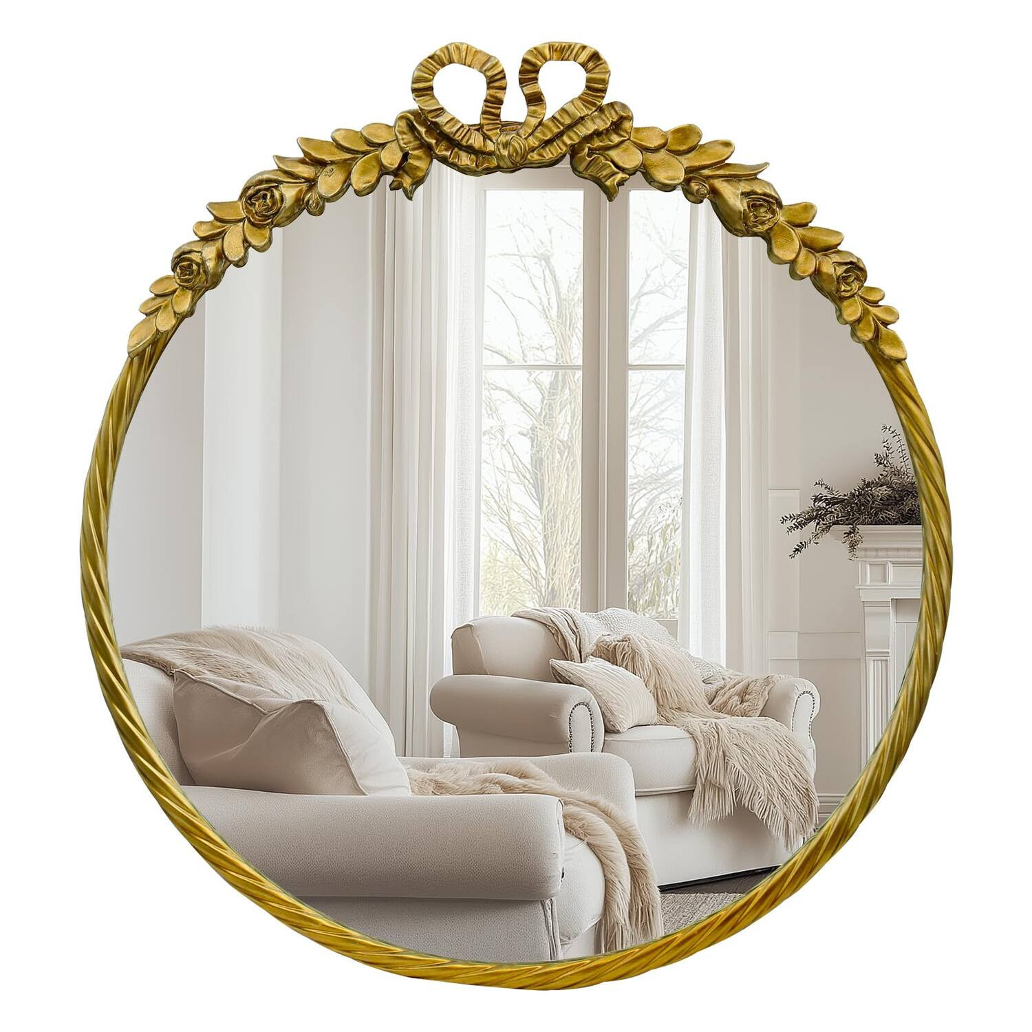 HM 1810 - Antique Round Mirror baroque Style Vintage Metal Frame Ornate Circle Wall Mirrors For Bathroom Living Room - Retro Gold 24""L x 24""W | Best Buy U.S.