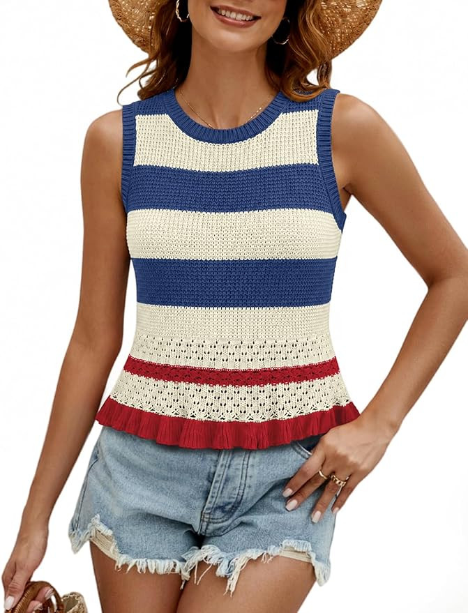 VIMPUNEC Womens Crochet Crop Tank Tops Sleeveless Knit Sweater Vest Ruffle Hem Summer Top | Amazon (US)
