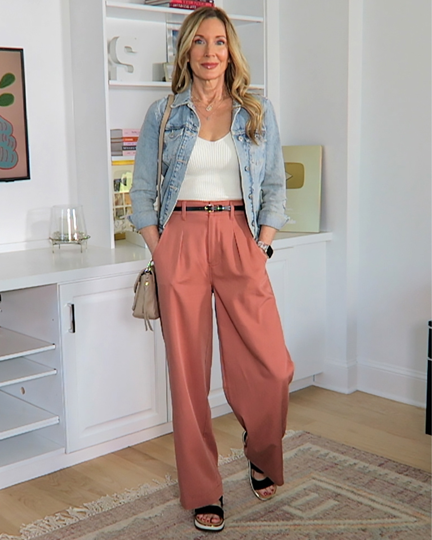 Spring Outfit Ideas
Denim jacket, wearing XS
V-Neck ribbed tank, wearing XS
Wide leg trouser pants, wearing 2 (runs small, size up)
Cross-body bag
Comfy slide sandals



#LTKshoecrush #LTKstyletip