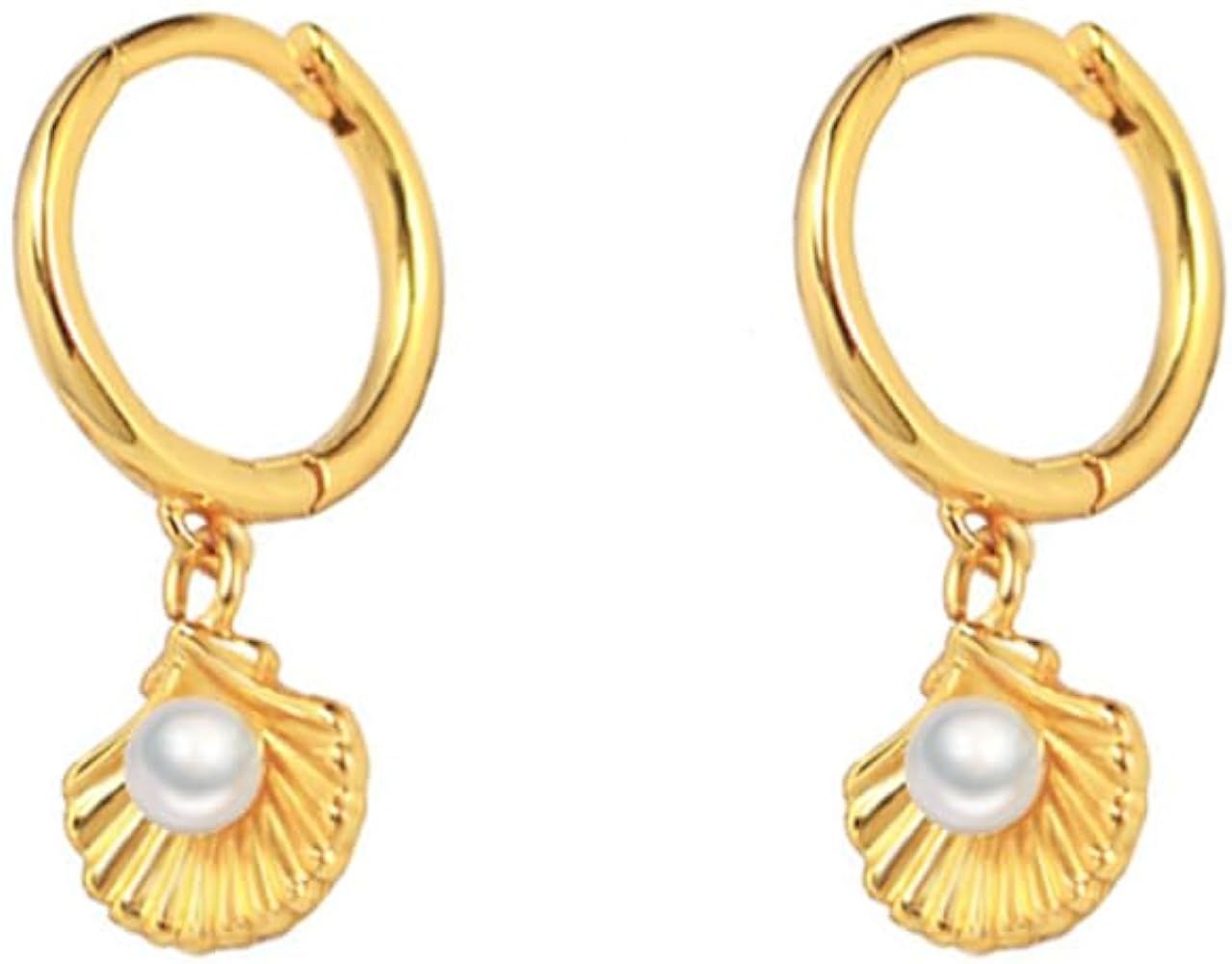 Cute Shell Pearl Huggie Small Hoop Earrings Dangle Drop for Women Girls 925 Sterling Silver 14K G... | Amazon (US)
