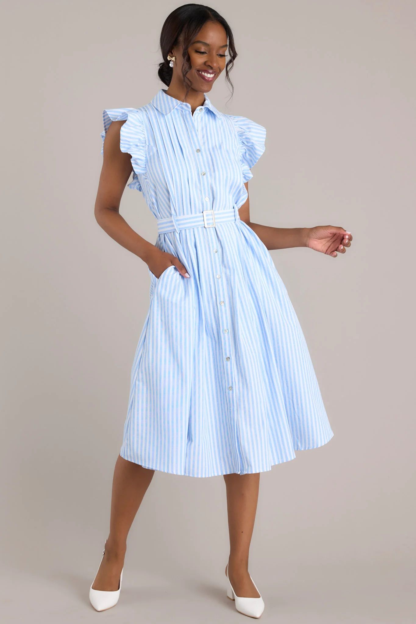 Simple Statement Sky Blue and White Stripe Button Front Midi Dress | Red Dress