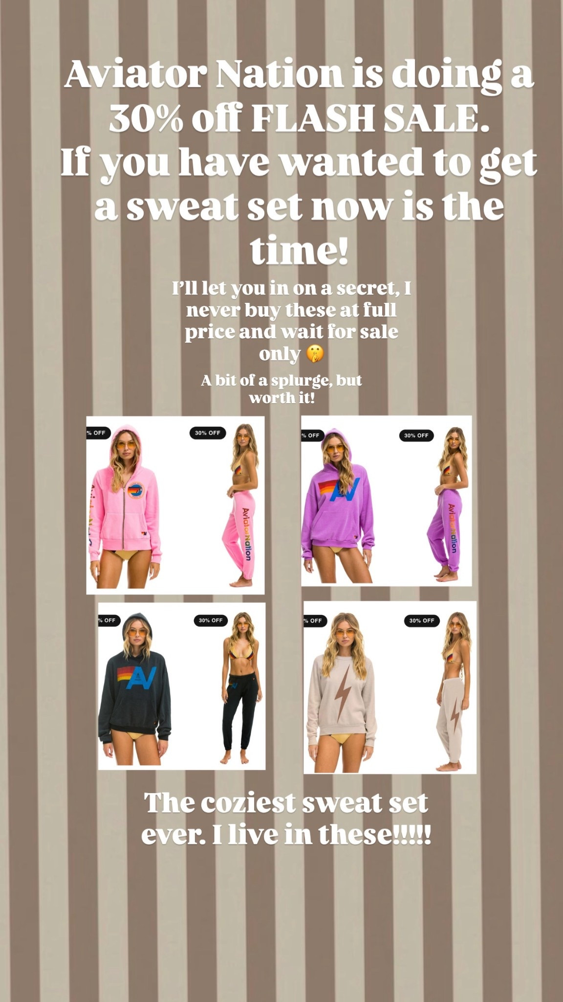 Aviator Nation is doing a weekend flash sale!!! Do not miss the chance to snag one of these sweat suits at 30% off!!  I call this my mom uniform!! 

#LTKmomlife #LTKootd #LTKSaleAlert