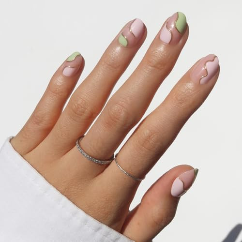Glamnetic Press On Nails - Strawberry Matcha | Short Oval Fake Nails with Pink & Green Swirl Design and Gold Foil Accents in Glossy Finish, Salon Quality | 15 Sizes - 30 Nail Kit with Glue | Amazon (US)