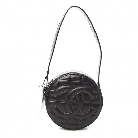 Lambskin Quilted CC Chocolate Bar Round Shoulder Bag Black | Fashionphile
