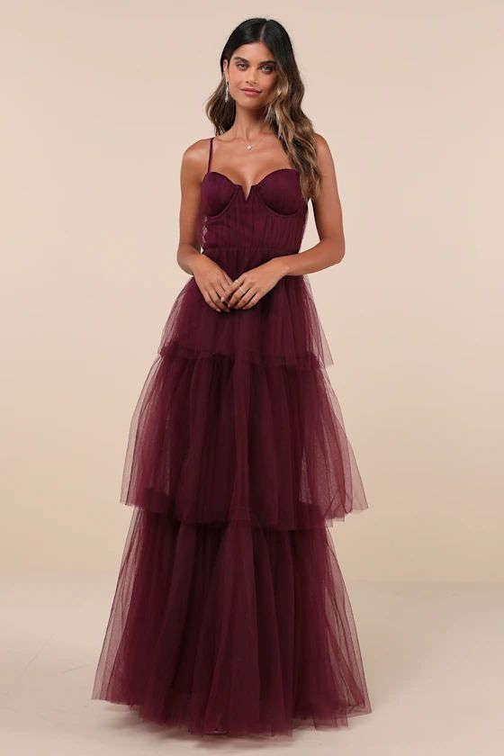 Unforgettable Poise Plum Purple Tulle Bustier Tiered Maxi Dress | Lulus